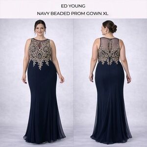 ED YOUNG NAVY BEADED PROM FORMAL GOWN XL